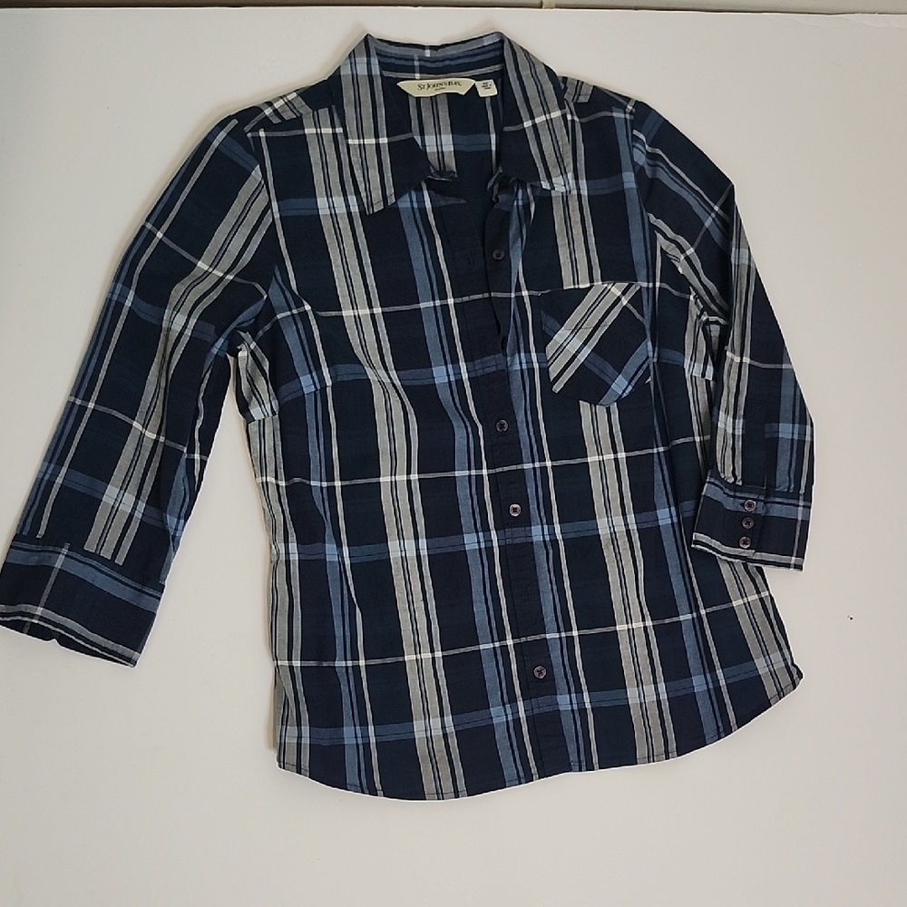 St. John's Bay Blue and White Plaid Button Down Shirt
